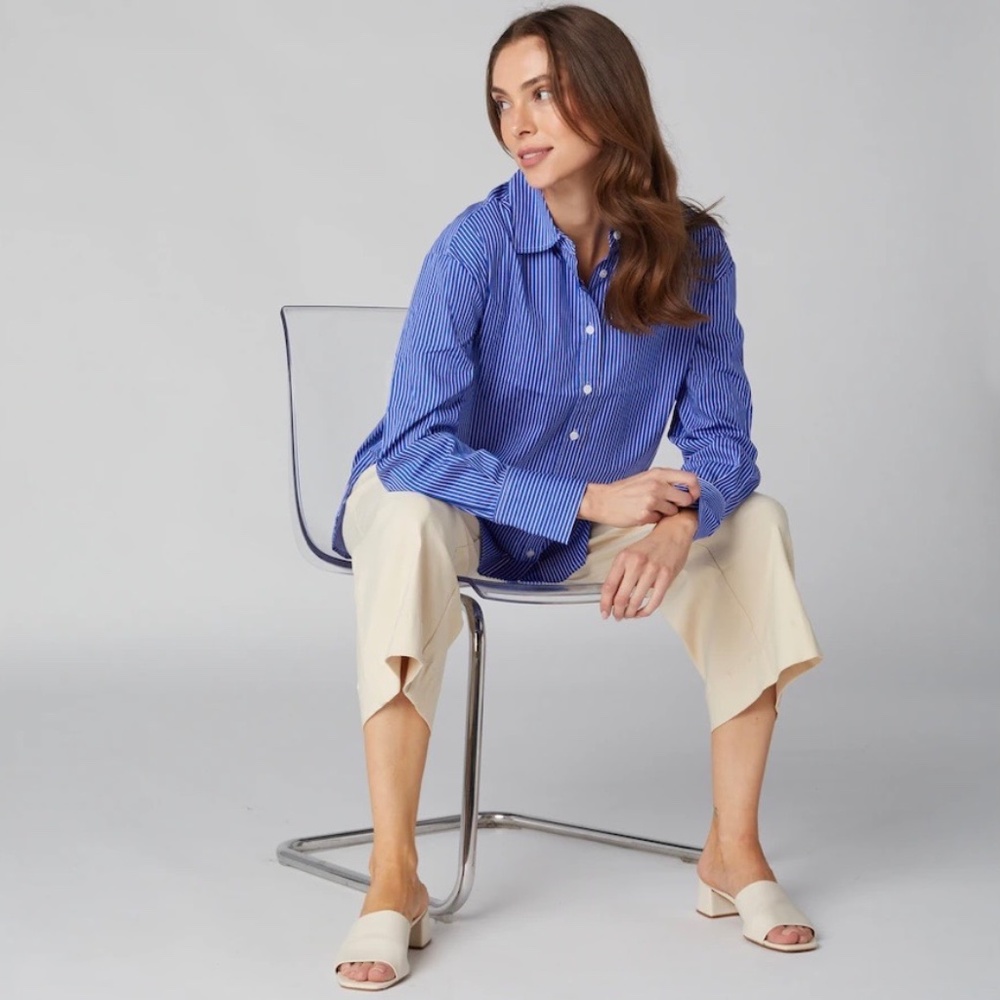 NWT ISAAC MIZRAHI Classic Blue &White Stripe Sateen Cotton Button Down Shirt
